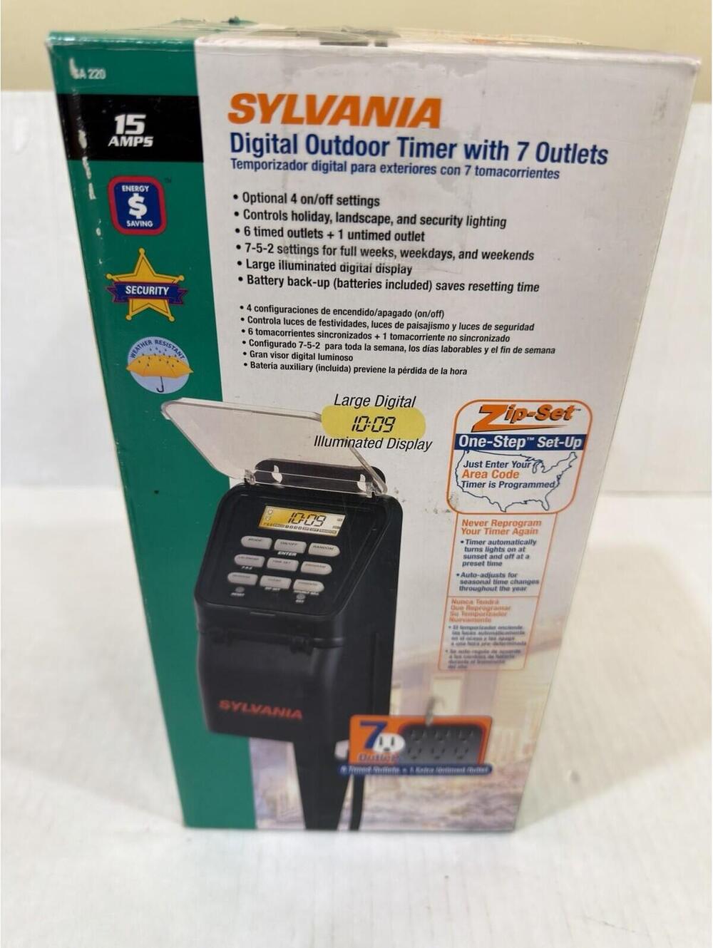 Sylvania SA220 Digital Outdoor Timer 7 Outlets Ground Stake Electric NOS